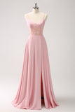 Pink Spaghetti Straps Corset A-Line Satin Bridesmaid Dress with Slit