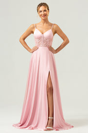 Pink Spaghetti Straps Corset A-Line Satin Bridesmaid Dress with Slit