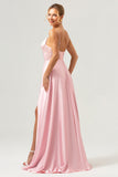 Pink Spaghetti Straps Corset A-Line Satin Bridesmaid Dress with Slit