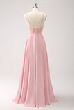 Pink Spaghetti Straps Corset A-Line Satin Bridesmaid Dress with Slit