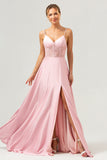 Pink Spaghetti Straps Corset A-Line Satin Bridesmaid Dress with Slit