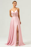 Pink Spaghetti Straps Corset A-Line Satin Bridesmaid Dress with Slit