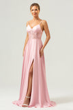 Pink Spaghetti Straps Corset A-Line Satin Bridesmaid Dress with Slit