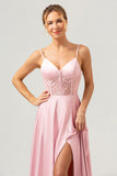 Pink Spaghetti Straps Corset A-Line Satin Bridesmaid Dress with Slit