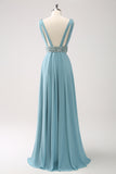 Grey Green Sequined Hollow Out A-Line Bridesmaid Dress