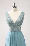 Grey Green V-Neck Sequined A-Line Bridesmaid Dress