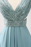 Grey Green V-Neck Sequined A-Line Bridesmaid Dress