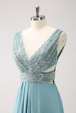 Grey Green V-Neck Sequined A-Line Bridesmaid Dress