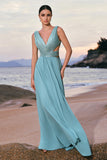 Grey Green V-Neck Sequined A-Line Bridesmaid Dress