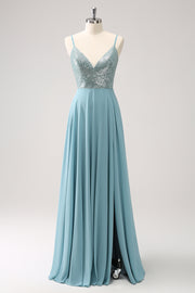 Grey Green V-Neck Sequined A-Line Bridesmaid Dress with Slit