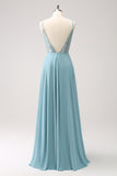 Grey Green V-Neck Chiffon A-Line Bridesmaid Dress with Sequins