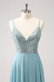 Grey Green V-Neck Sequined A-Line Bridesmaid Dress with Slit