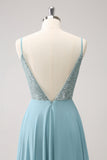 Grey Green V-Neck Sequined A-Line Bridesmaid Dress with Slit