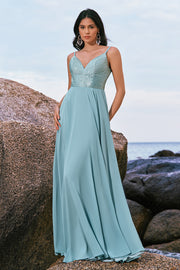 Grey Green V-Neck Chiffon A-Line Bridesmaid Dress with Sequins