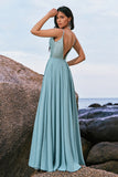 Grey Green V-Neck Chiffon A-Line Bridesmaid Dress with Sequins