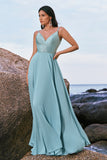 Grey Green V-Neck Chiffon A-Line Bridesmaid Dress with Sequins