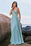 Grey Green V-Neck Chiffon A-Line Bridesmaid Dress with Sequins