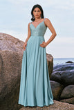 Grey Green V-Neck Chiffon A-Line Bridesmaid Dress with Sequins