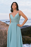 Grey Green V-Neck Chiffon A-Line Bridesmaid Dress with Sequins