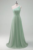 Green One Shoulder Chiffon A-Line Bridesmaid Dress with Sequins