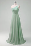 Green One Shoulder Empire Waist A-Line Bridesmaid Dress