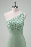 Green One Shoulder Empire Waist A-Line Bridesmaid Dress