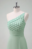 Green One Shoulder Empire Waist A-Line Bridesmaid Dress