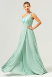 Green One Shoulder Chiffon A-Line Bridesmaid Dress with Sequins