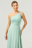 Green One Shoulder Chiffon A-Line Bridesmaid Dress with Sequins