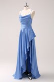 Blue Cowl Neck Satin Bridesmaid Dress with Slit