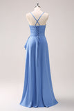 Blue Cowl Neck Ruffled Satin Asymmetrical Bridesmaid Dress with Slit