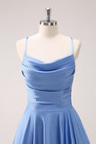 Blue Cowl Neck Satin Bridesmaid Dress with Slit