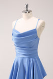 Blue Cowl Neck Satin Bridesmaid Dress with Slit