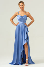 Blue Cowl Neck Ruffled Satin Asymmetrical Bridesmaid Dress with Slit