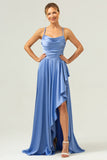 Blue Cowl Neck Ruffled Satin Asymmetrical Bridesmaid Dress with Slit