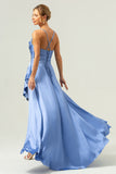 Blue Cowl Neck Ruffled Satin Asymmetrical Bridesmaid Dress with Slit