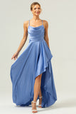 Blue Cowl Neck Ruffled Satin Asymmetrical Bridesmaid Dress with Slit