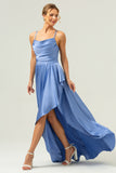 Blue Cowl Neck Ruffled Satin Asymmetrical Bridesmaid Dress with Slit