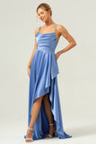 Blue Cowl Neck Ruffled Satin Asymmetrical Bridesmaid Dress with Slit