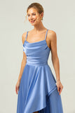 Blue Cowl Neck Ruffled Satin Asymmetrical Bridesmaid Dress with Slit