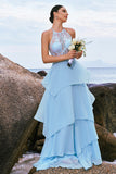 Blue Halter Corset Applique Chiffon Tiered Bridesmaid Dress