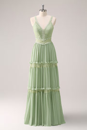 Green Bohemian V-Neck Tiered Chiffon Bridesmaid Dress