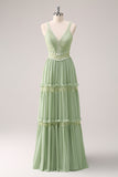 Green Bohemian V-Neck Tiered Chiffon Bridesmaid Dress