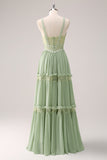 Green Bohemian V-Neck Tiered Chiffon Bridesmaid Dress