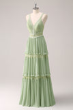 Green Bohemian V-Neck Tiered Chiffon Bridesmaid Dress