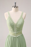 Green Bohemian V-Neck Tiered Chiffon Bridesmaid Dress