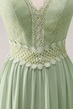 Green Bohemian V-Neck Tiered Chiffon Bridesmaid Dress