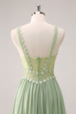 Green Bohemian V-Neck Tiered Chiffon Bridesmaid Dress