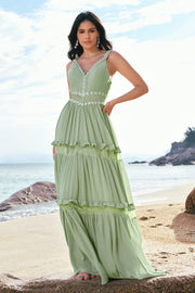 Green Bohemian A-Line Tiered Chiffon Bridesmaid Dress