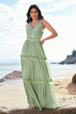 Green Bohemian V-Neck Tiered Chiffon Bridesmaid Dress